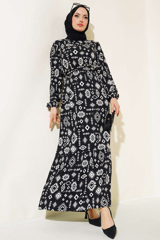 Etnik Desenli Bürümcük Elbise Siyah