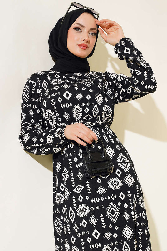 Etnik Desenli Bürümcük Elbise Siyah