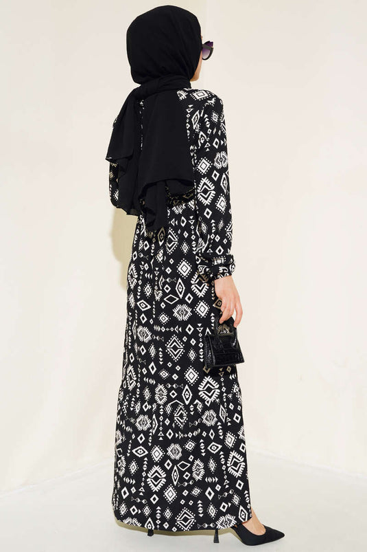 Etnik Desenli Bürümcük Elbise Siyah