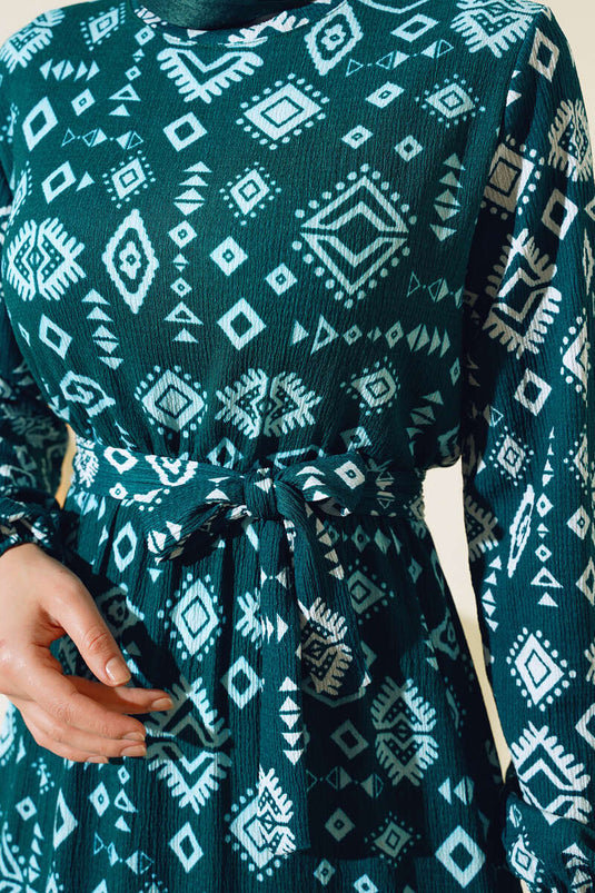 Ethnic Patterned Ruffled Dress Emerald