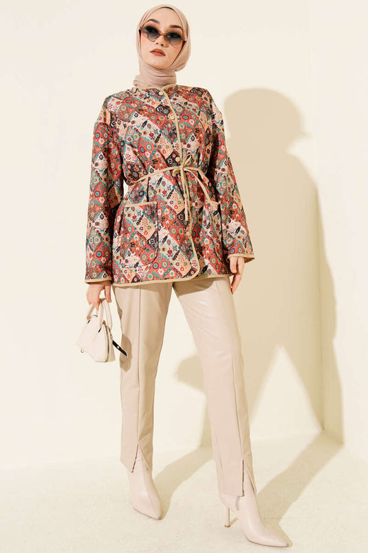 Veste à boutons-pression à motifs ethniques couleur latte