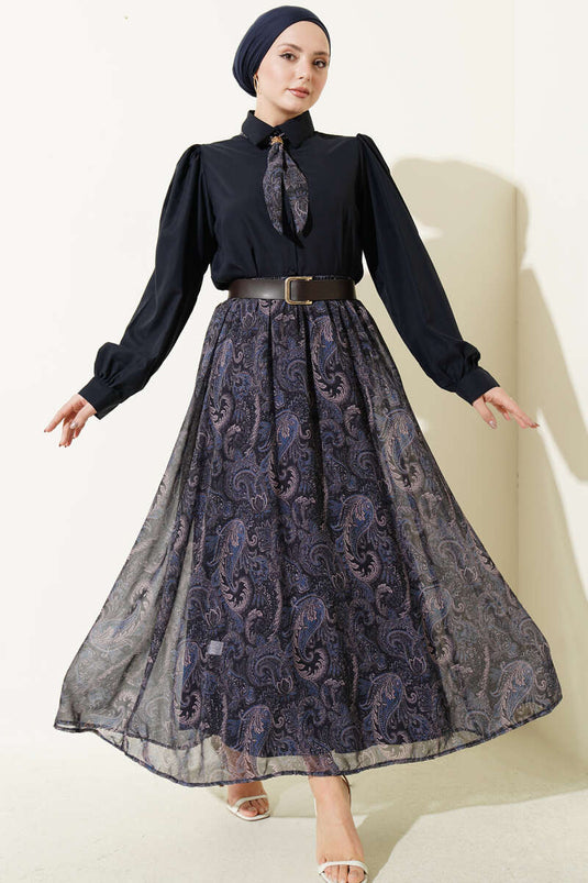 Set met sjaal en rok met etnische print, marineblauw