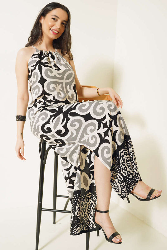 Etnik Desenli İp Askılı Elbise Siyah