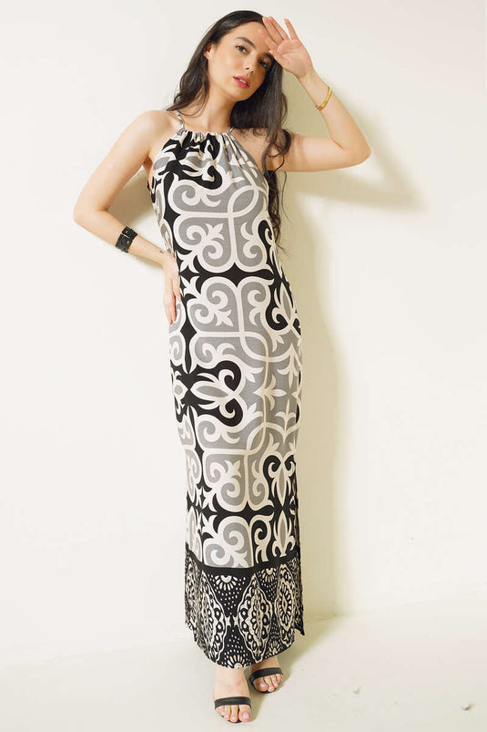 Etnik Desenli İp Askılı Elbise Siyah