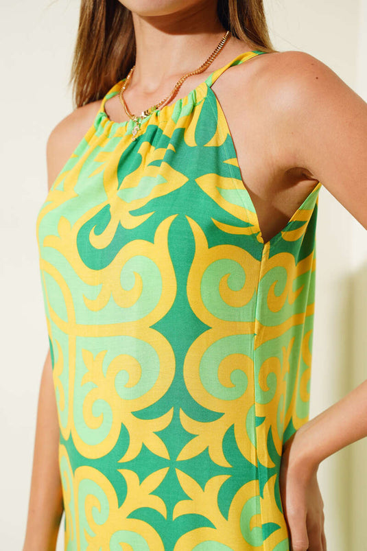 Ethnic Patterned Rope Strap Dress Green