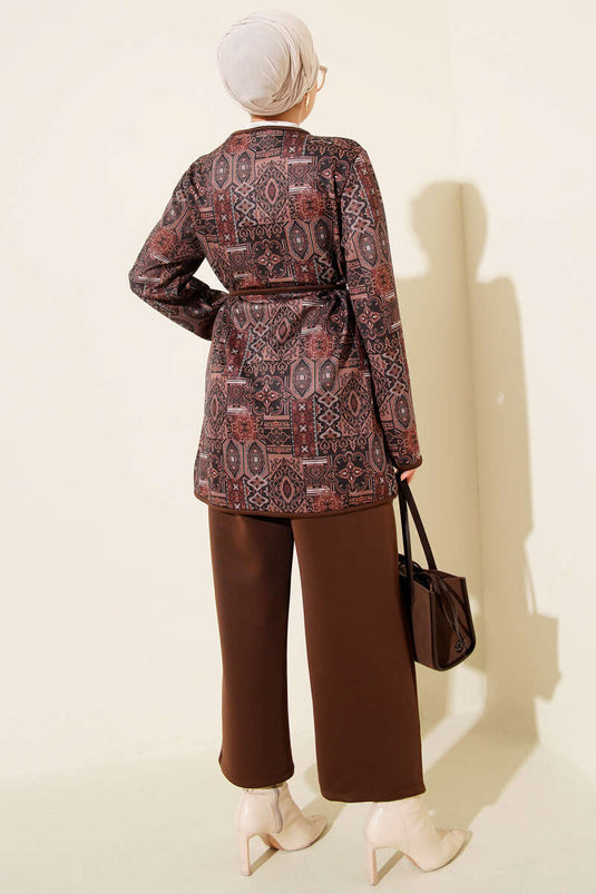 Ethnic Patterned Drawstring Two-Piece Set Brown