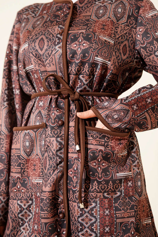 Ethnic Patterned Drawstring Two-Piece Set Brown
