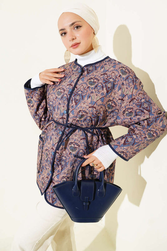 Navy Blue Quilted Jacket with Ethnic Pattern