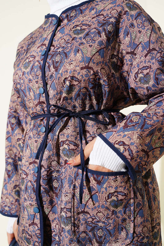 Navy Blue Quilted Jacket with Ethnic Pattern