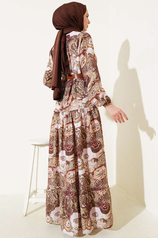 Abito con cintura a fantasia etnica color cachi