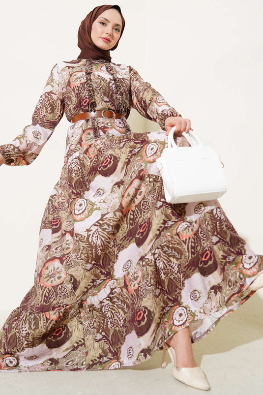 Abito con cintura a fantasia etnica color cachi