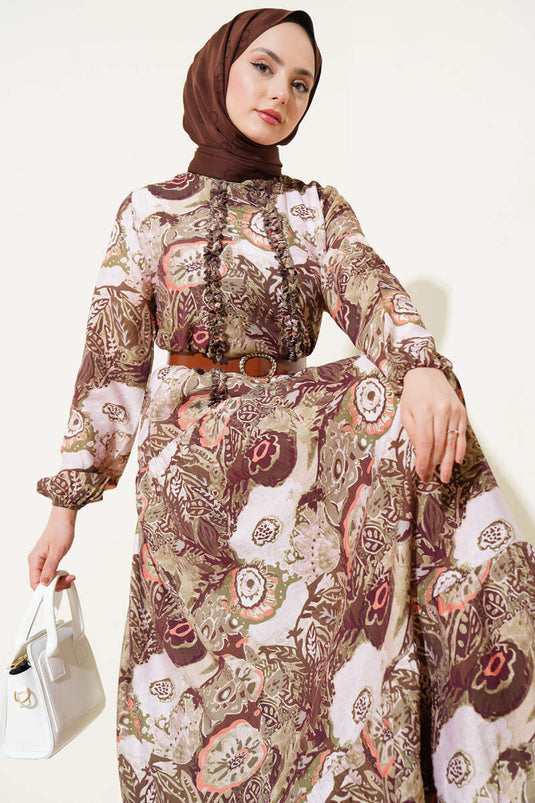 Abito con cintura a fantasia etnica color cachi