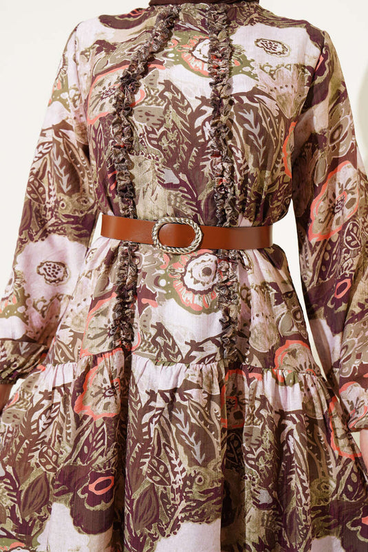 Abito con cintura a fantasia etnica color cachi