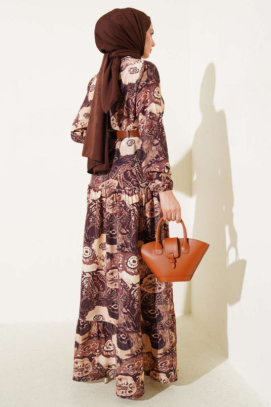 فستان بني بحزام ومنقوش عرقي