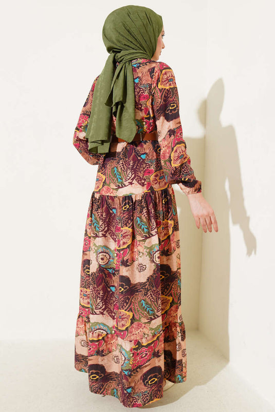 Ethnic Patterned Belted Dress Plum
