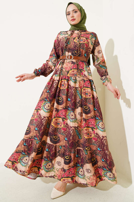 Ethnic Patterned Belted Dress Plum