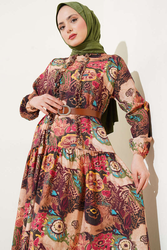 Ethnic Patterned Belted Dress Plum