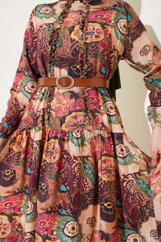 Ethnic Patterned Belted Dress Plum