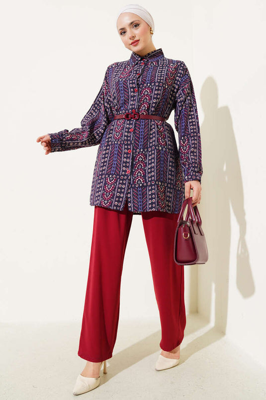 Etnisch patroon tweedelig pak met riem, pruim