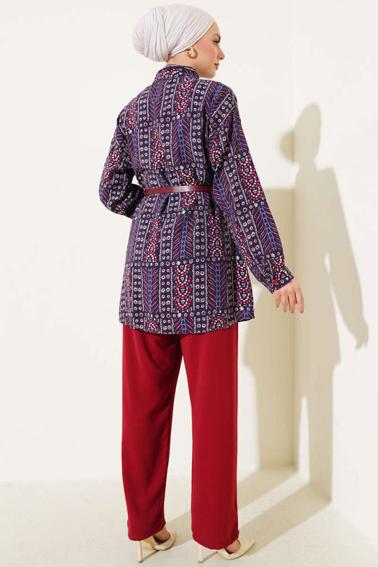 Etnisch patroon tweedelig pak met riem, pruim