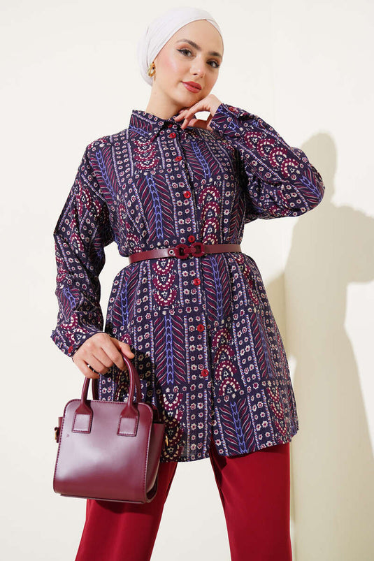 Etnisch patroon tweedelig pak met riem, pruim