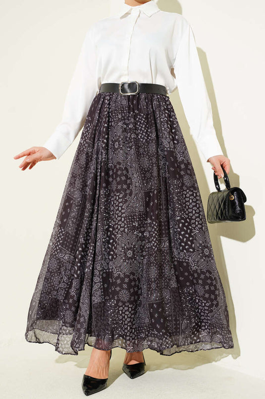 Ethnic Patterned Belted Flared Skirt Black