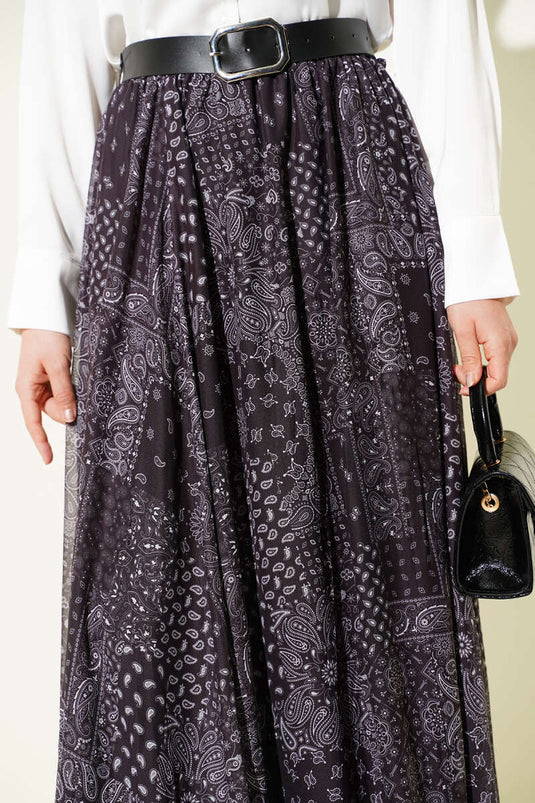 Ethnic Patterned Belted Flared Skirt Black