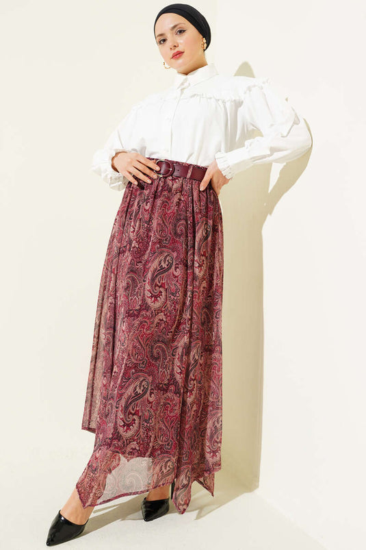 Etnik Gemusterter Gürtel Chiffonrock Bordeaux