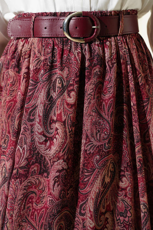 Ethnic Patterned Belted Chiffon Skirt Burgundy