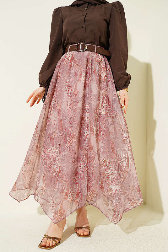 Jupe en chiffon à motif ethnique avec ceinture, couleur vison