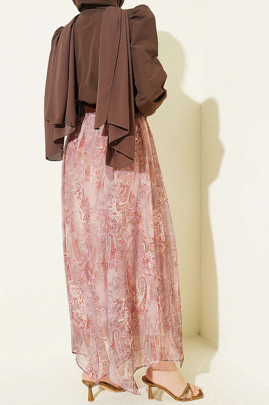 Jupe en chiffon à motif ethnique avec ceinture, couleur vison