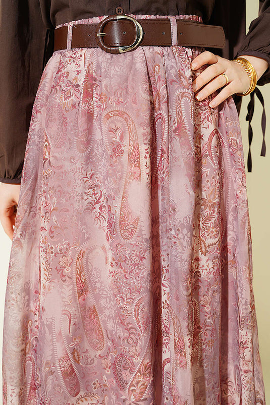 Jupe en chiffon à motif ethnique avec ceinture, couleur vison