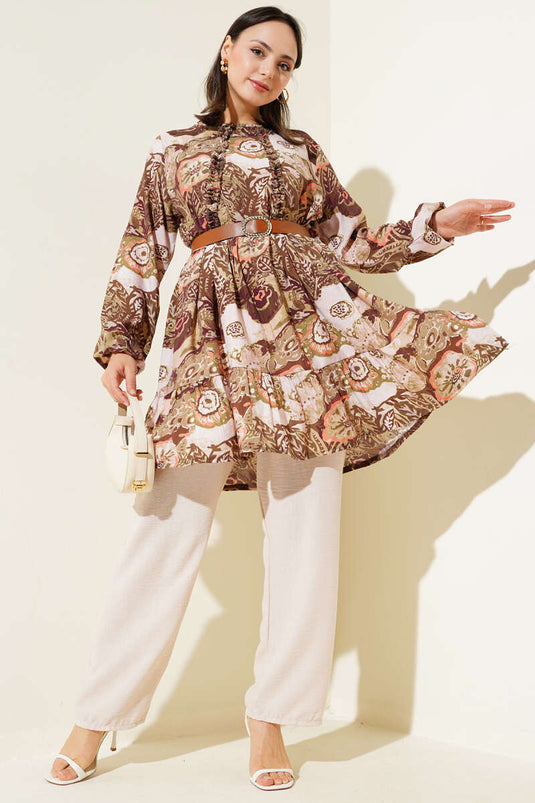 Ethnic Patterned Belted Tunic Two Piece Suit Khaki