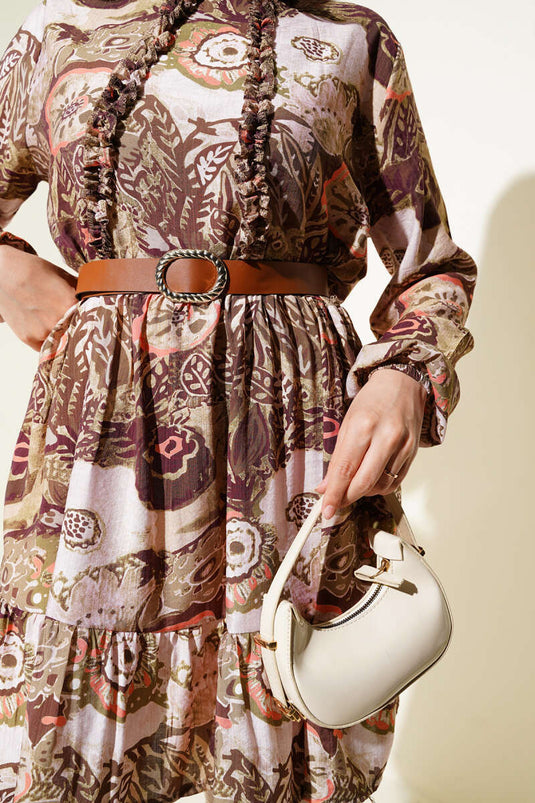 Ethnic Patterned Belted Tunic Two Piece Suit Khaki