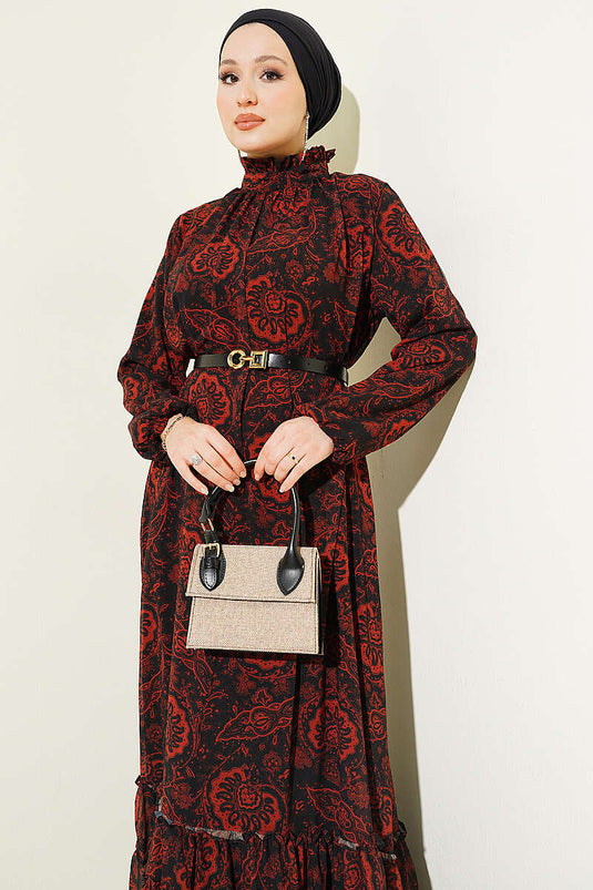 Robe à volants avec ceinture et motif ethnique couleur brique