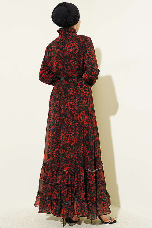 Robe à volants avec ceinture et motif ethnique couleur brique