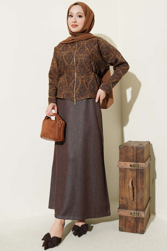 Ethnic Patterned Denim Pinafore Two-Piece Set Brown