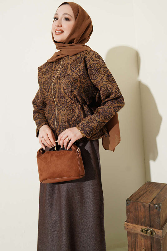 Ethnic Patterned Denim Pinafore Two-Piece Set Brown