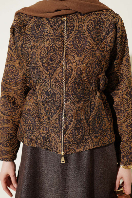 Ethnic Patterned Denim Pinafore Two-Piece Set Brown