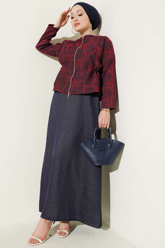 Ensemble Deux Pièces avec Jupe en Jean à Motifs Ethniques Bleu Marine
