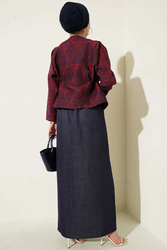 Ensemble Deux Pièces avec Jupe en Jean à Motifs Ethniques Bleu Marine