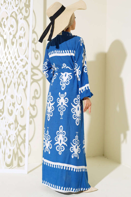 Ethnic Patterned Belted Dress Indigo