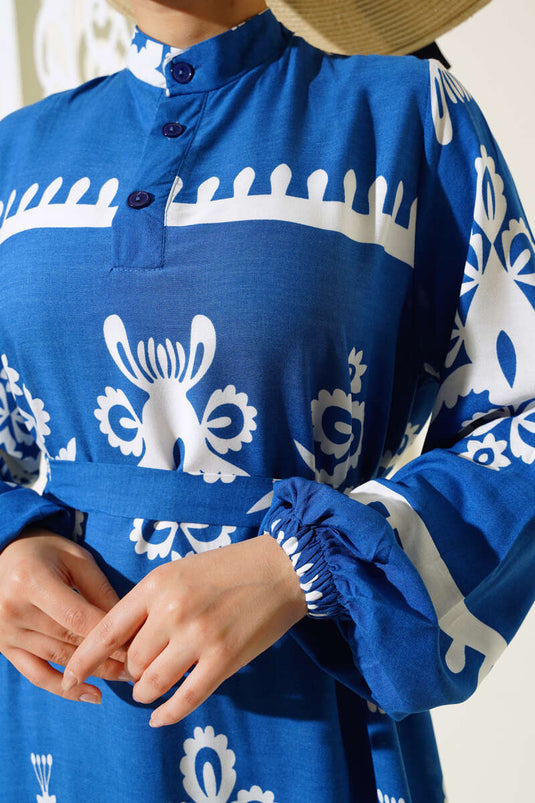 Ethnic Patterned Belted Dress Indigo