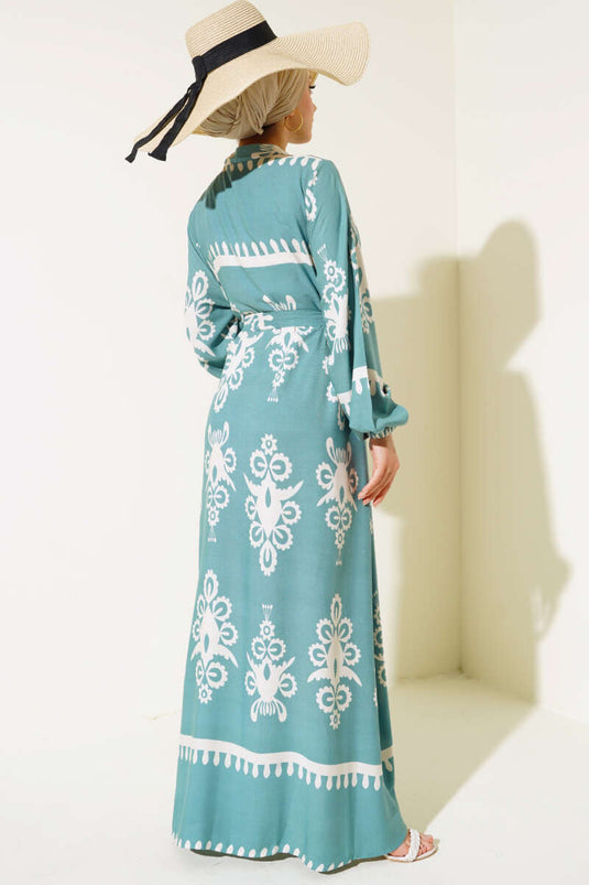 فستان بحزام منقوش عرقيًا بالنعناع