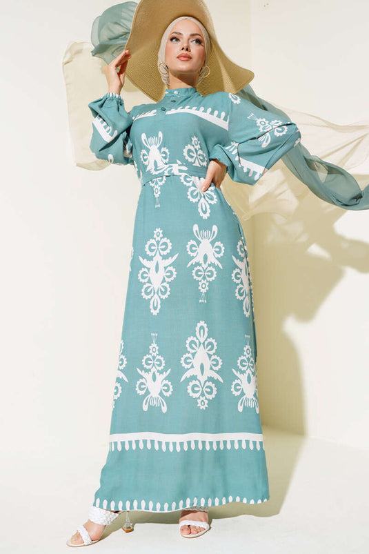 Ethnic Patterned Belted Dress Mint