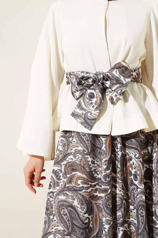 Ethnic Patterned Belted Skirted Two Piece Suit Smoke