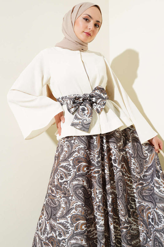 Ethnic Patterned Belted Skirted Two Piece Suit Smoke