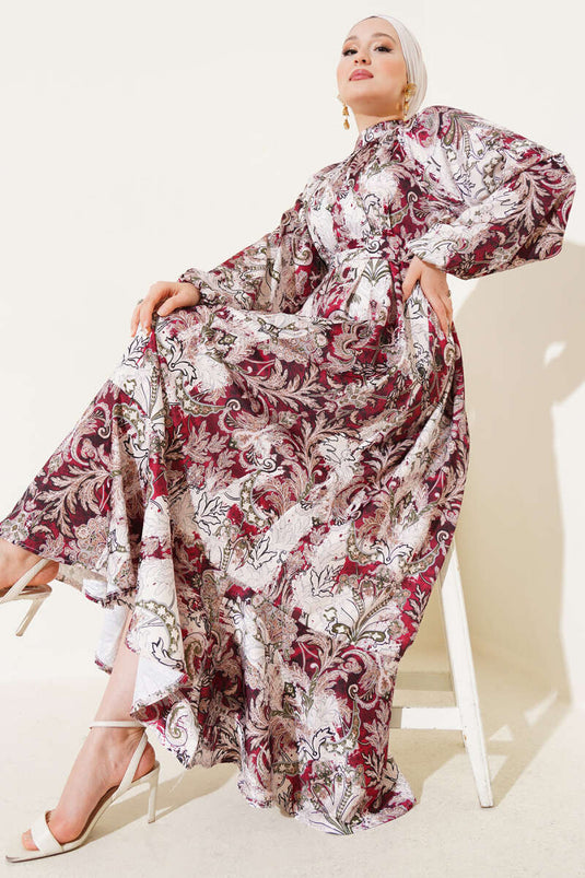 Ethnic Patterned Belted Satin Dress, Burgundy