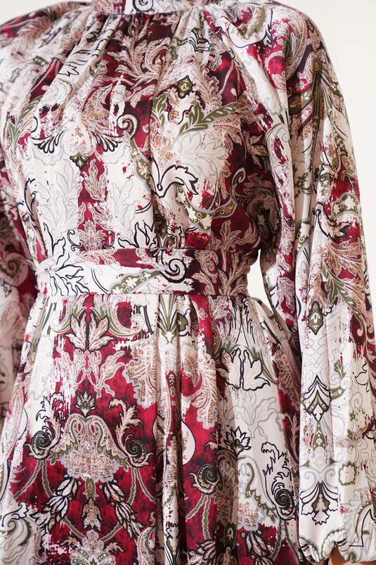 Ethnic Patterned Belted Satin Dress, Burgundy