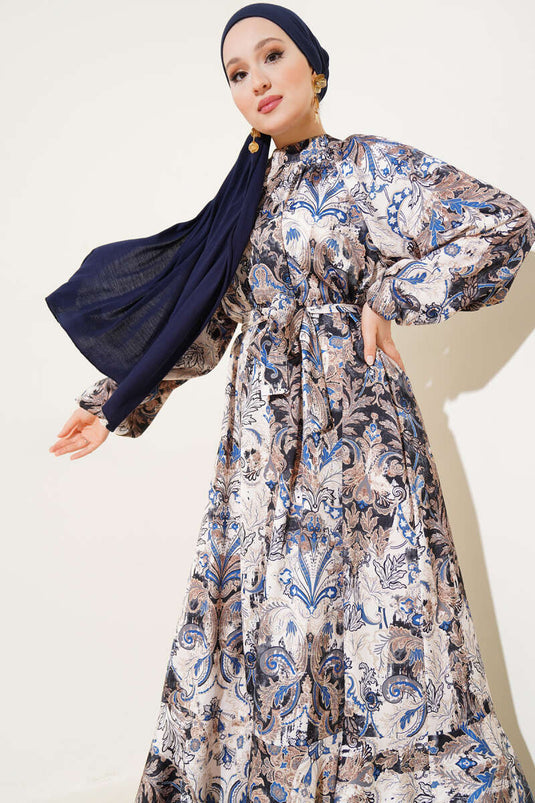 Ethnic Patterned Belted Satin Dress Blue